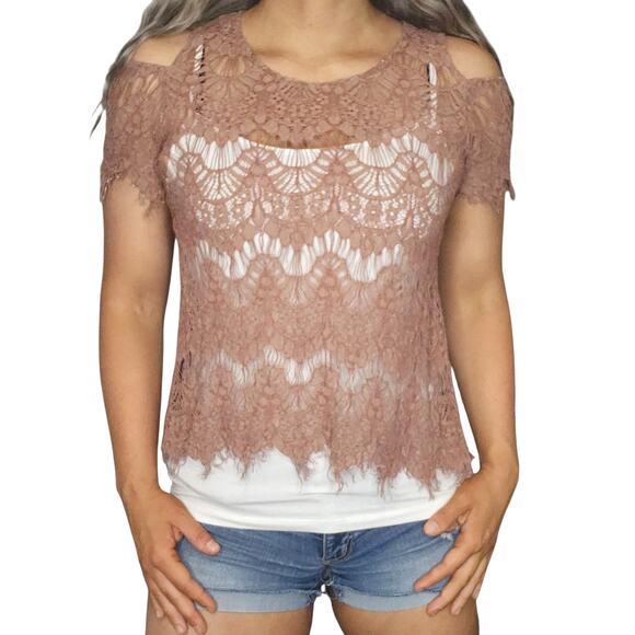 Brown Lace Shirt Womens Medium Cold Shoulder See Through Boho Crochet Backless - Picture 1 of 15